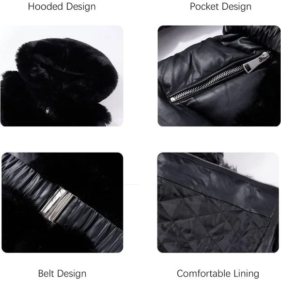 Women Puffer Coat/Parka with Long Fur Collar Hooded Winter Fashion Belted-Black - Picture 4 of 6